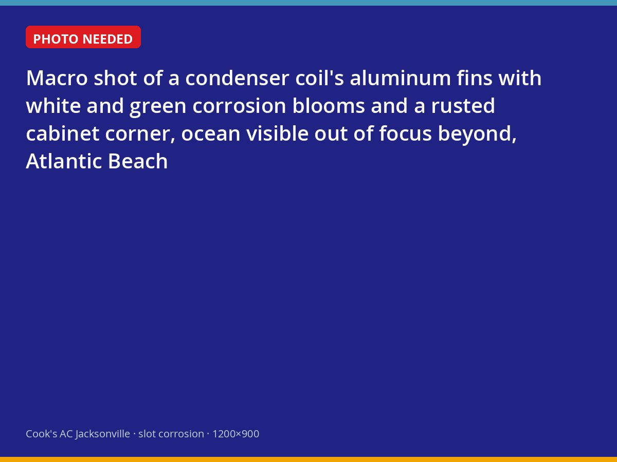 Corroded condenser coil and cabinet on a beachside air conditioner in Atlantic Beach