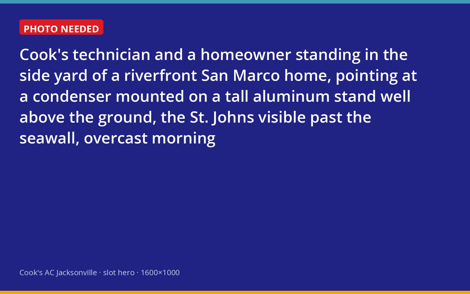 Cook's technician showing a Jacksonville homeowner an elevated outdoor AC unit on a riverfront lot in San Marco