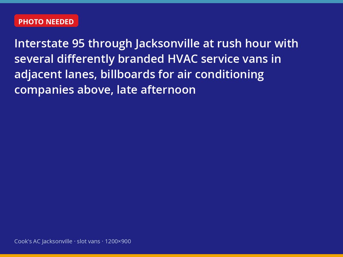 Multiple HVAC company vans in traffic on I-95 in Jacksonville under air conditioning billboards
