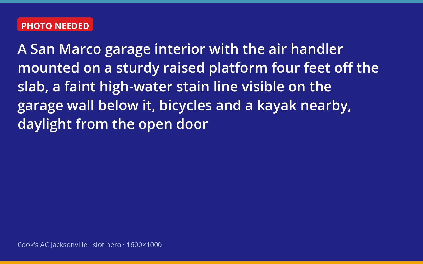 Air handler elevated on a platform above a visible flood line in a San Marco garage