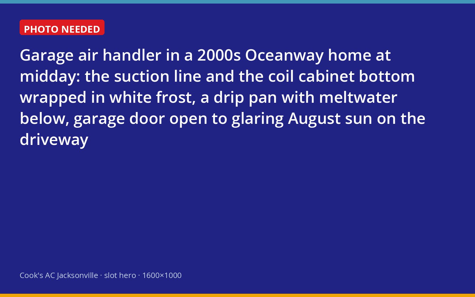 Frost-covered refrigerant line and coil cabinet on a garage air handler in an Oceanway, Jacksonville home in August