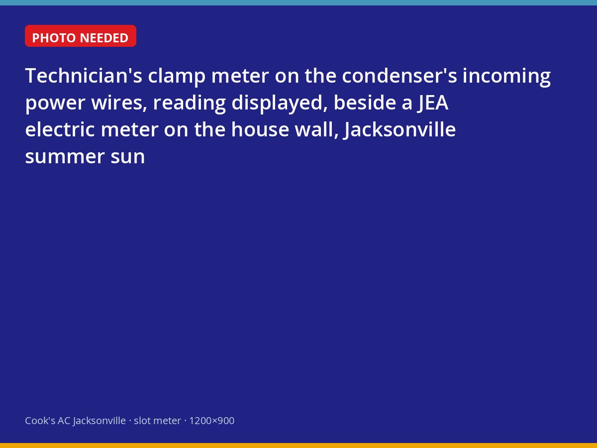 Technician measuring air conditioner power draw next to a JEA electric meter in Jacksonville