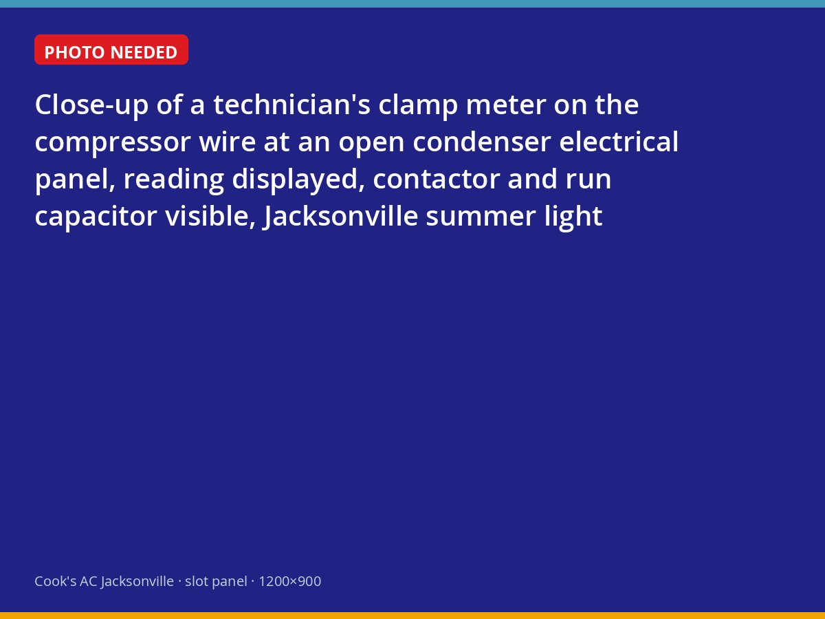 Technician measuring compressor amperage at an open condenser panel in Jacksonville