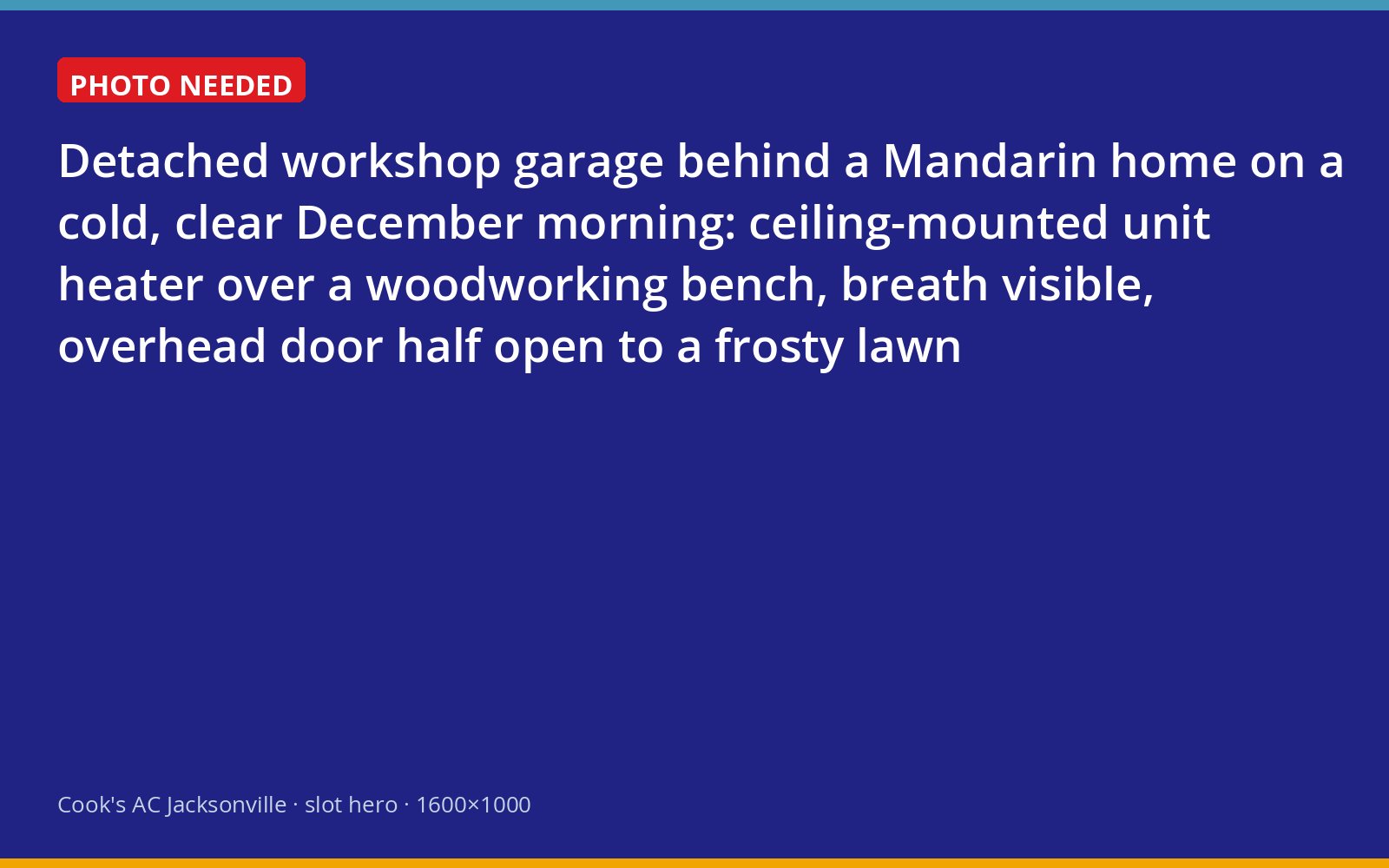 Ceiling-mounted garage heater above a woodworking bench in a Mandarin, Jacksonville workshop on a frosty morning