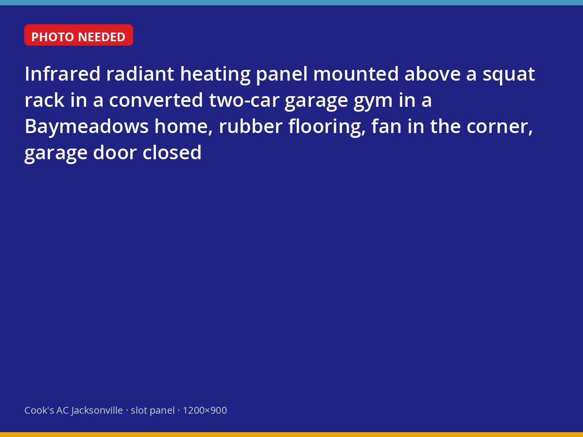 Radiant heating panel mounted above a home gym setup in a Jacksonville garage