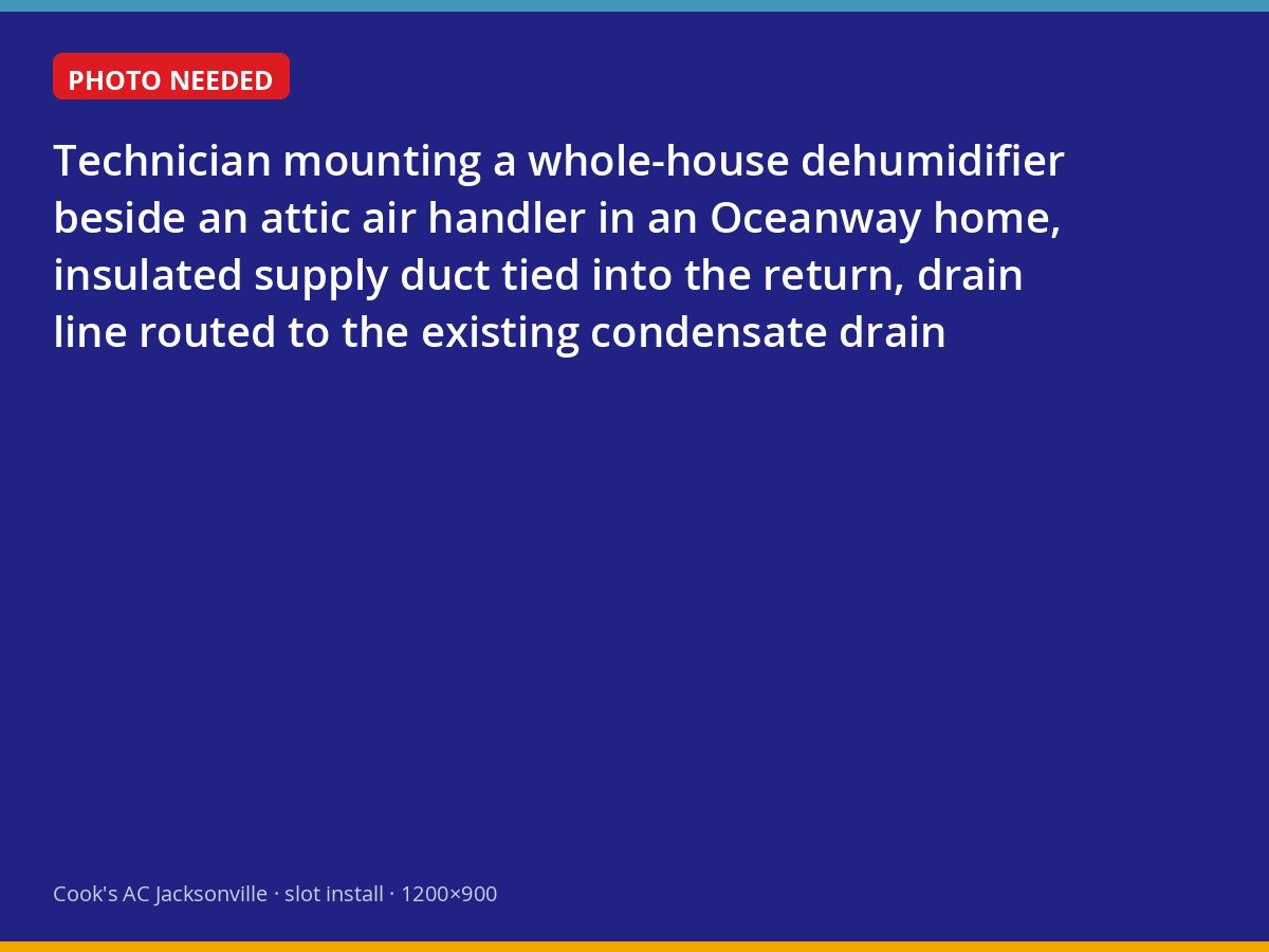 Whole-house dehumidifier being installed beside an attic air handler in a Jacksonville home