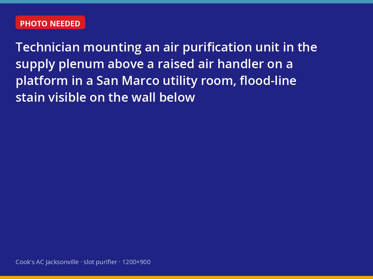 Air purification unit being installed in the supply plenum above a raised air handler in a San Marco home