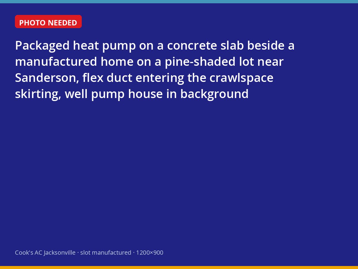 Ground-mounted packaged heat pump beside a manufactured home on a rural lot in Baker County
