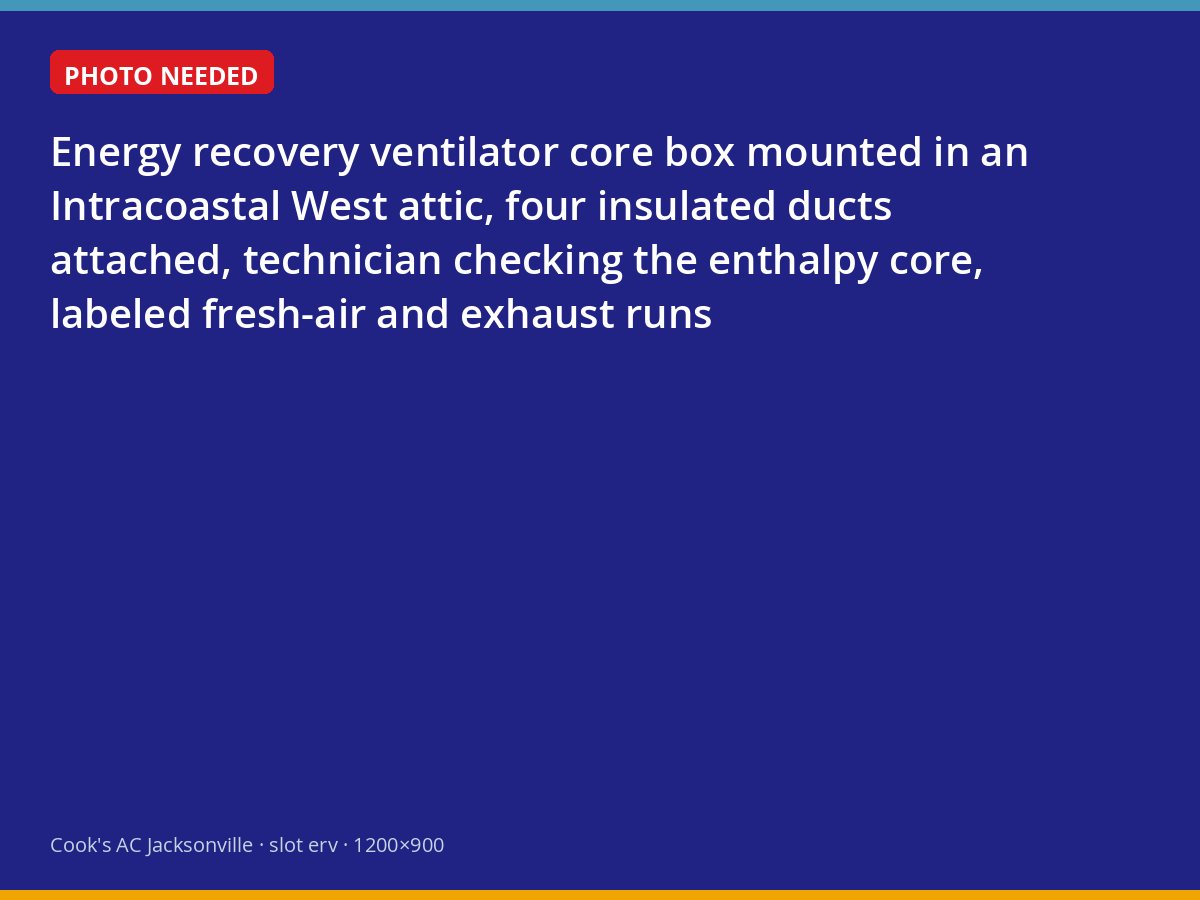 Energy recovery ventilator installed in the attic of a Jacksonville home with its ducts labeled
