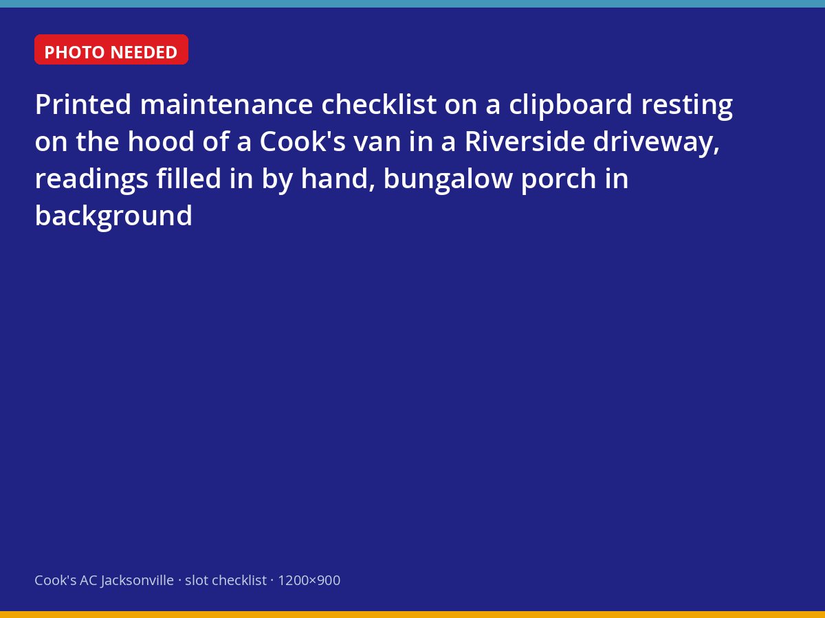 Completed heat pump maintenance checklist on a clipboard in Riverside